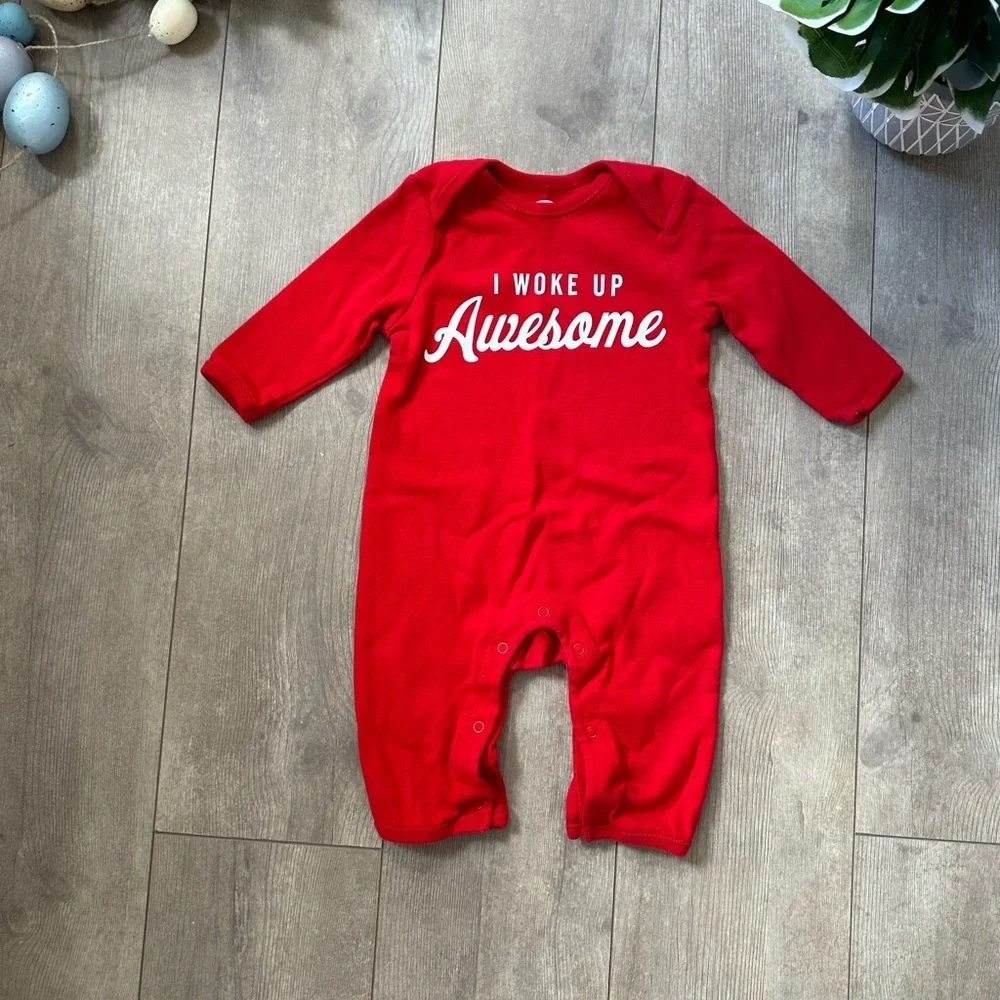 Old Navy Red 'I Woke Up Awesome' Kids One Piece Coveralls Romper 3-6 Months